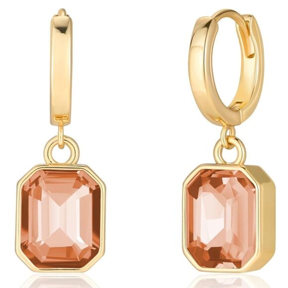 18K Yellow Gold with Champagne Topaz Crystal Dangling Octagon Huggie Earrings - Picture 1 of 7